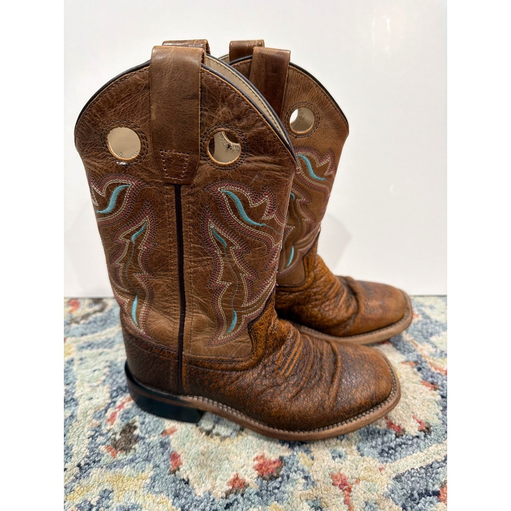 Old West Cowboy Boots Boys Size 13 D Brown Leather Western Square Toe GUC